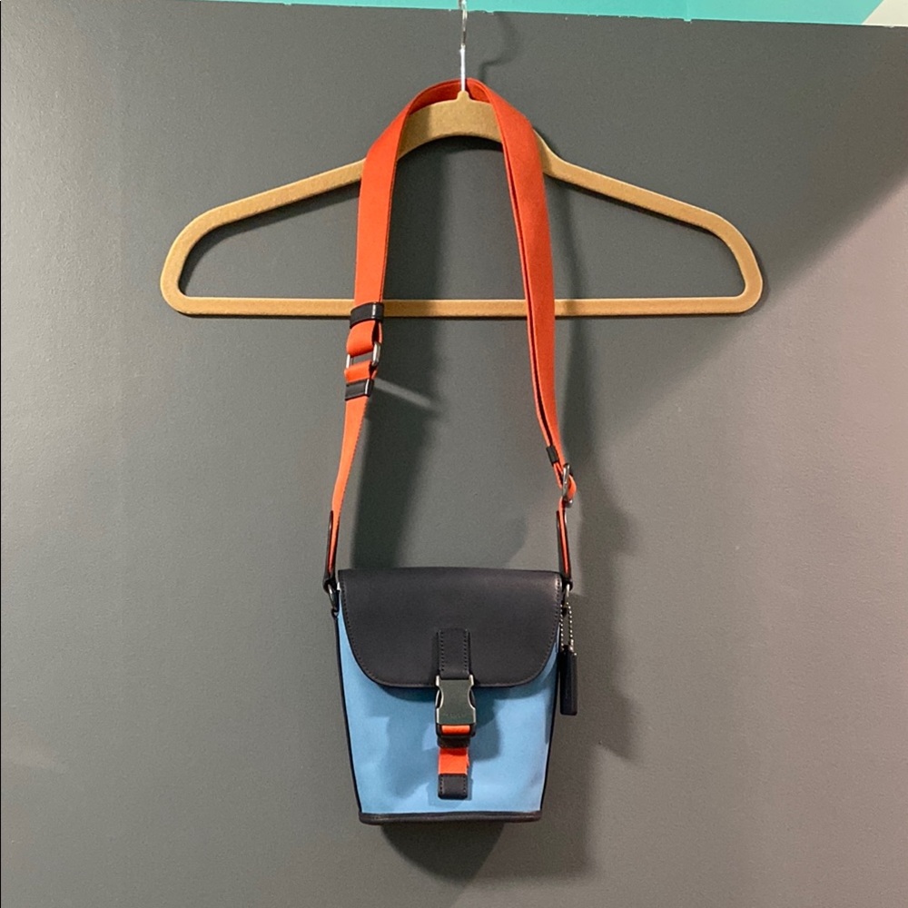 Coach Two-Tone Blue Crossbody Bag with Orange Strap